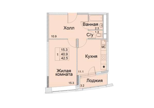 1-к квартира, улица Советская, дом 1, площадь 42,5, этаж 17