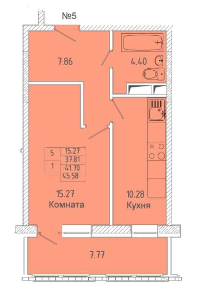 1-к квартира, улица Советская, дом 7, площадь 41,7, этаж 15
