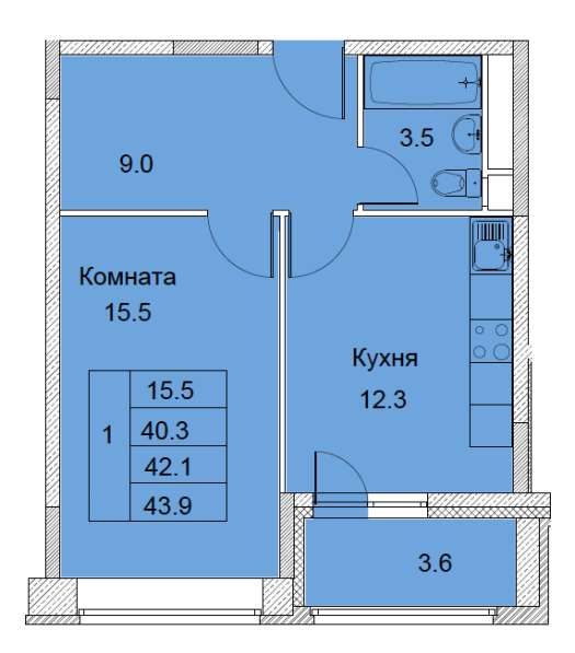 1-к квартира, улица Советская, дом 6, площадь 42,1 этаж 10