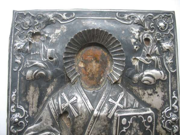 Икона, Николай Чудотворец. Оклад серебро 84,кованный в Москве фото 4