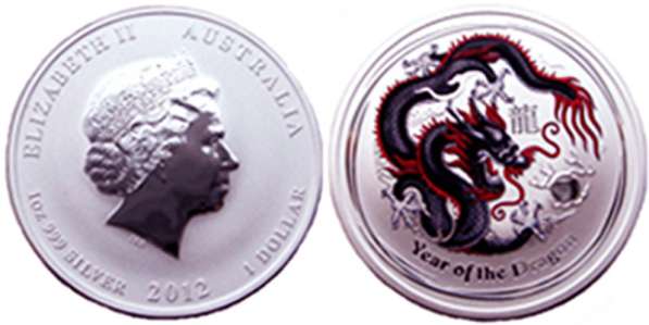 Серебряная монета Австралии - цветной дракон