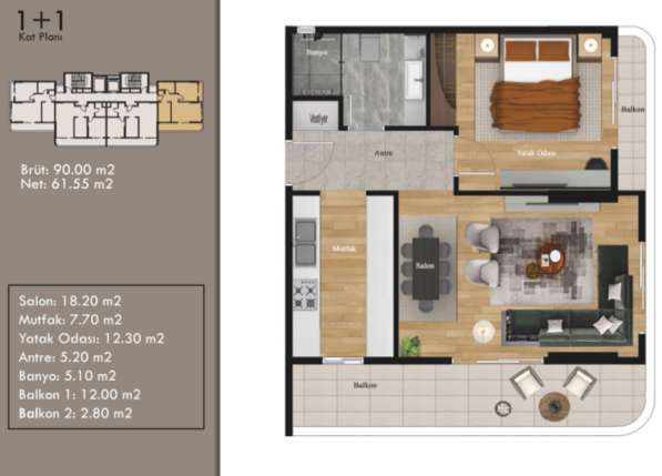 2-к. квартира 61м² Турция, Мерсин, Акдениз в фото 3